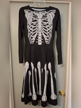 The Oblong Box Shop Skeleton Print Long Sleeve Midi Dress